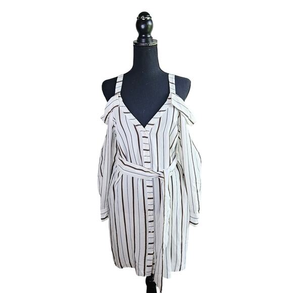 Lush Button Down Shirt Dress V Neck Cold Shoulder Size Medium Tie Waist Academia - Picture 1 of 11